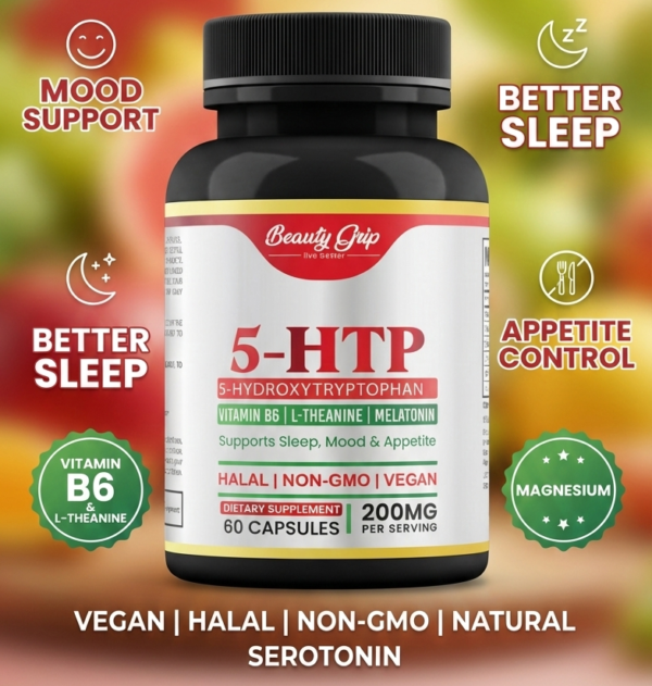 5-HTP 200mg with L-Theanine, Vitamin B6, B12 & Magnesium – Vegan, Mood, Sleep & Appetite Support Supplement – Halal, Non-GMO, Natural Serotonin Support – 60 5HTP Capsules