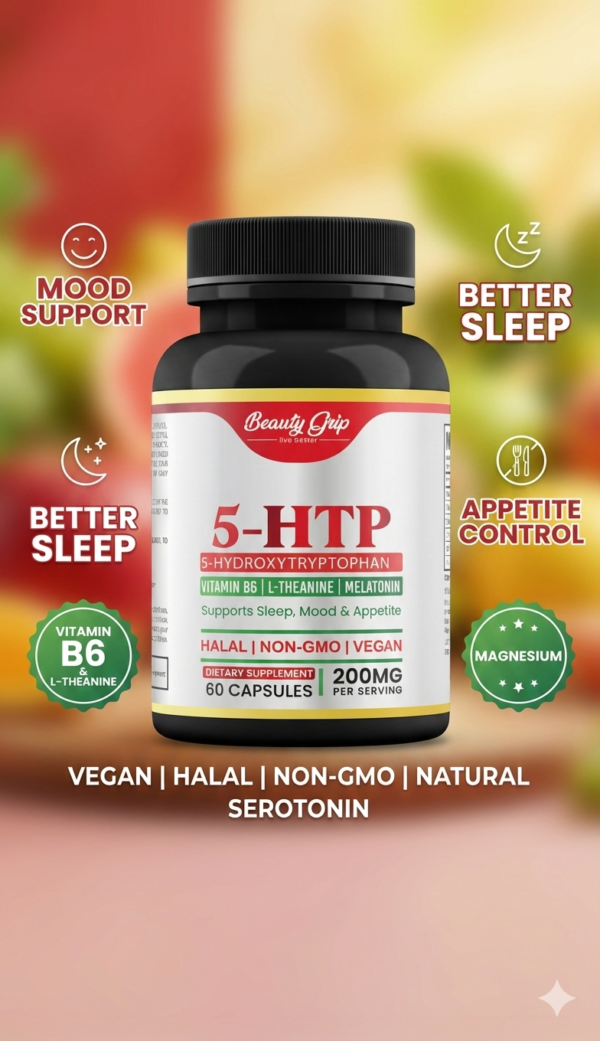5-HTP 200mg with L-Theanine, Vitamin B6, B12 & Magnesium – Vegan, Mood, Sleep & Appetite Support Supplement – Halal, Non-GMO, Natural Serotonin Support – 60 5HTP Capsules