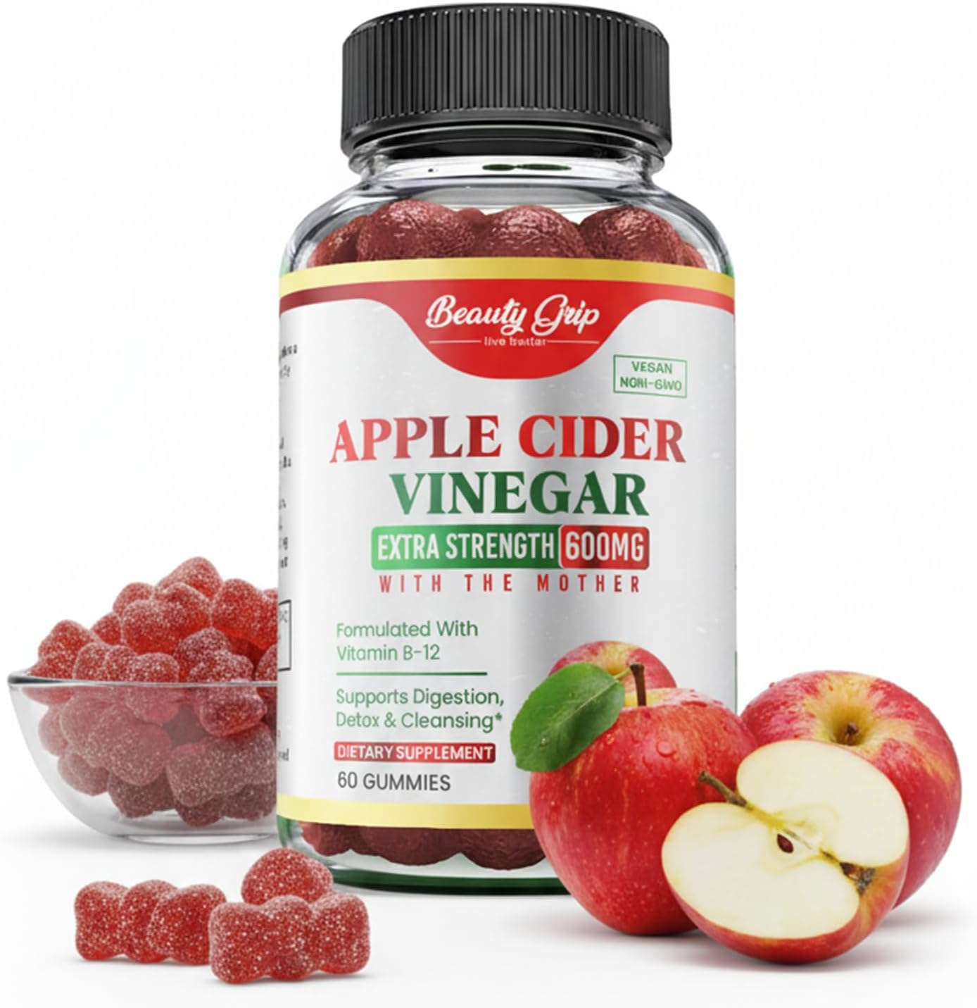 Apple Cider Vinegar Gummies with The Mother – Organic ACV + Pomegranate, Beetroot & B12 – Digestive, Detox & Energy Support – Vegan, Halal – 60 Gummies